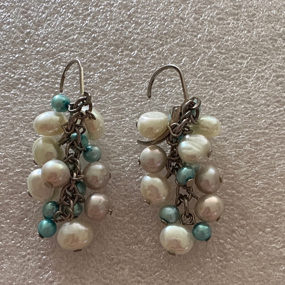 Pearl and Turquoise Dangle Pierced  Earrings